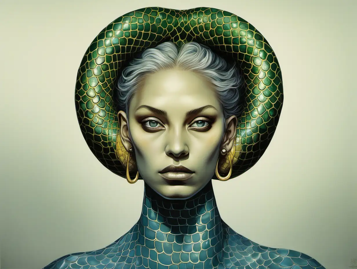 This portrait features a woman with a golden yellow snake pattern around her neck; her hair is in a bun and very dense; her skin is very light white; her eyes are green and crocodile-like; she wears large earrings with a portal-like texture in her ears; she has an expensive emerald green necklace around her neck; her nose is very large, resembling a witch's nose; her body is blue and white with large, shiny scales like a fish body from the waist down; the woman's upper body is human, while her lower body is fish-like. Although this portrait contains real elements, the woman's body from the waist down has blue and white large shiny beautiful scales like a fish body, the woman's upper body is human, the lower body is like a fish, the portrait has real elements, but I want to create an unreal body, let it be like a mythological 