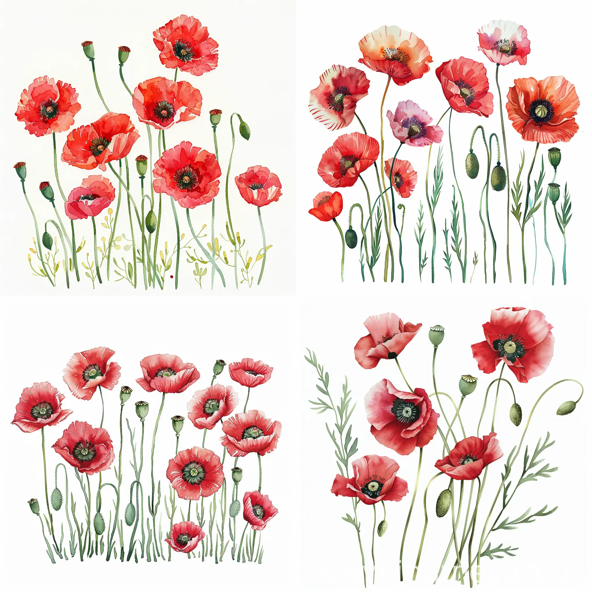 Watercolor-Clipart-of-Poppy-Flowers-on-White-Background