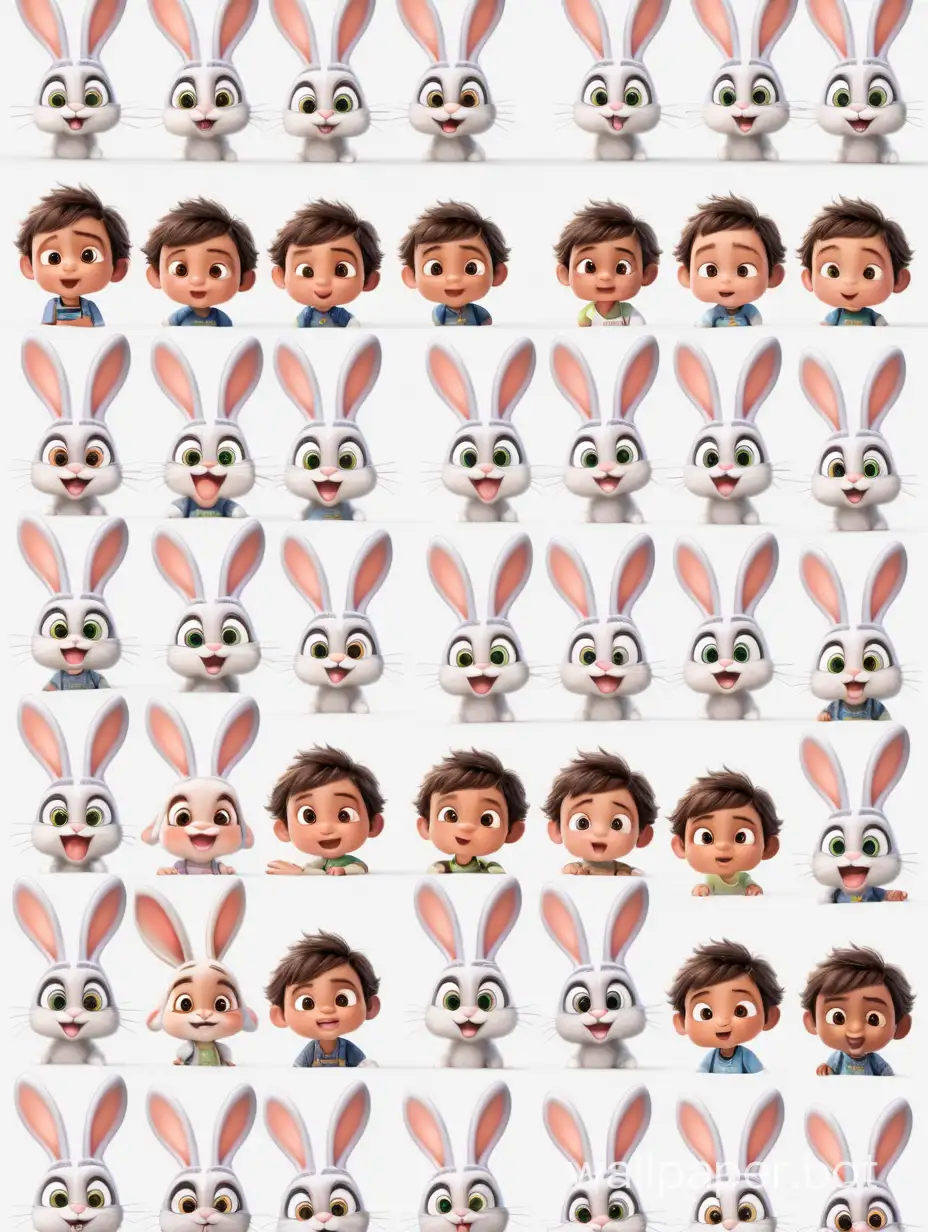 wide 12-frame photo sheet,  cute attractive to children bunny character, pixar style, white background, diverse angles and varying facial expressions