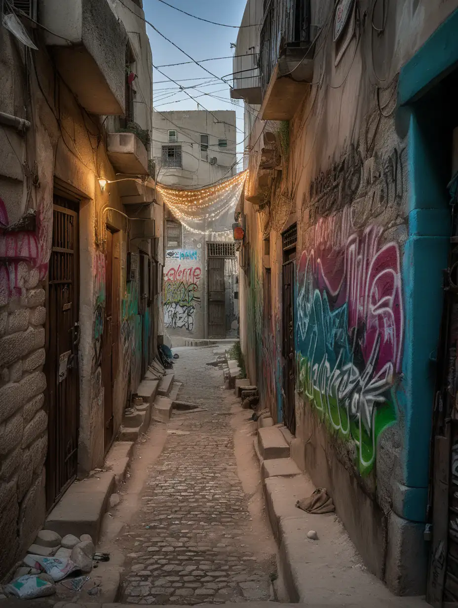 (cinematic lighting), In the heart of the Gaza Strip, a back alleyway unfolds as a canvas of resilience and expression. The worn cobblestone path is flanked by walls adorned with vibrant graffiti proclaiming "Free Palestine." The spray-painted words resonate with the indomitable spirit of the people who call this place home, their call for freedom echoing through the narrow passage.  Amid the intricate art, the alleyway tells a story of both struggle and hope. Colors of the Palestinian flag emerge, contrasting against the weathered surroundings. Patches of sunlight filter through, casting a subdued glow on the messages of solidarity. The air is thick with the essence of determination, creating an atmosphere where the call for freedom becomes a visual and emotional centerpiece.  The back alleyway in Gaza, with its striking graffiti, stands as a testament to the enduring spirit of the people, using art as a powerful means to convey their aspirations and resilience in the face of adversity, intricate details, hyper realistic photography,--v 5, unreal engine,