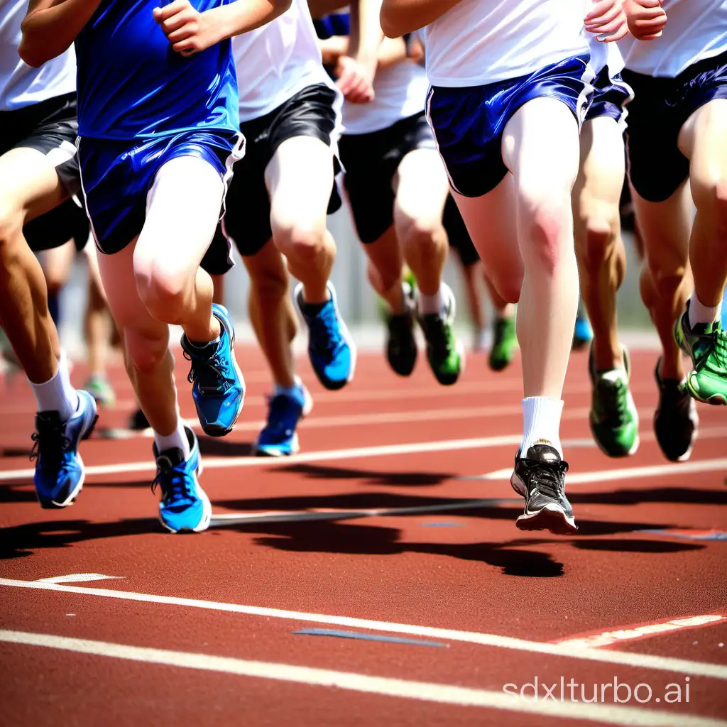 a large group of 16 year old track and field boys in running shorts lower wide angle perspective from ground emphasis on shoesole legs calf muscle and thighs