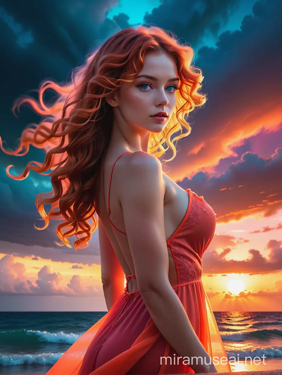 Aivision,High quality, 8K Ultra HD, A beautiful double exposure that combines the silhouette of a stunning woman wearing red long dress (full body), prety blue eyes, full mouth ,curly orange long hair,with a gorgeous sunset storm at sea(neon color), the beautiful sunset should serve as the underlying backdrop, with its details incorporated into the woman, crisp lines, sharp focus, double exposure, awesome colorful clouds, neon colors, strong lighting