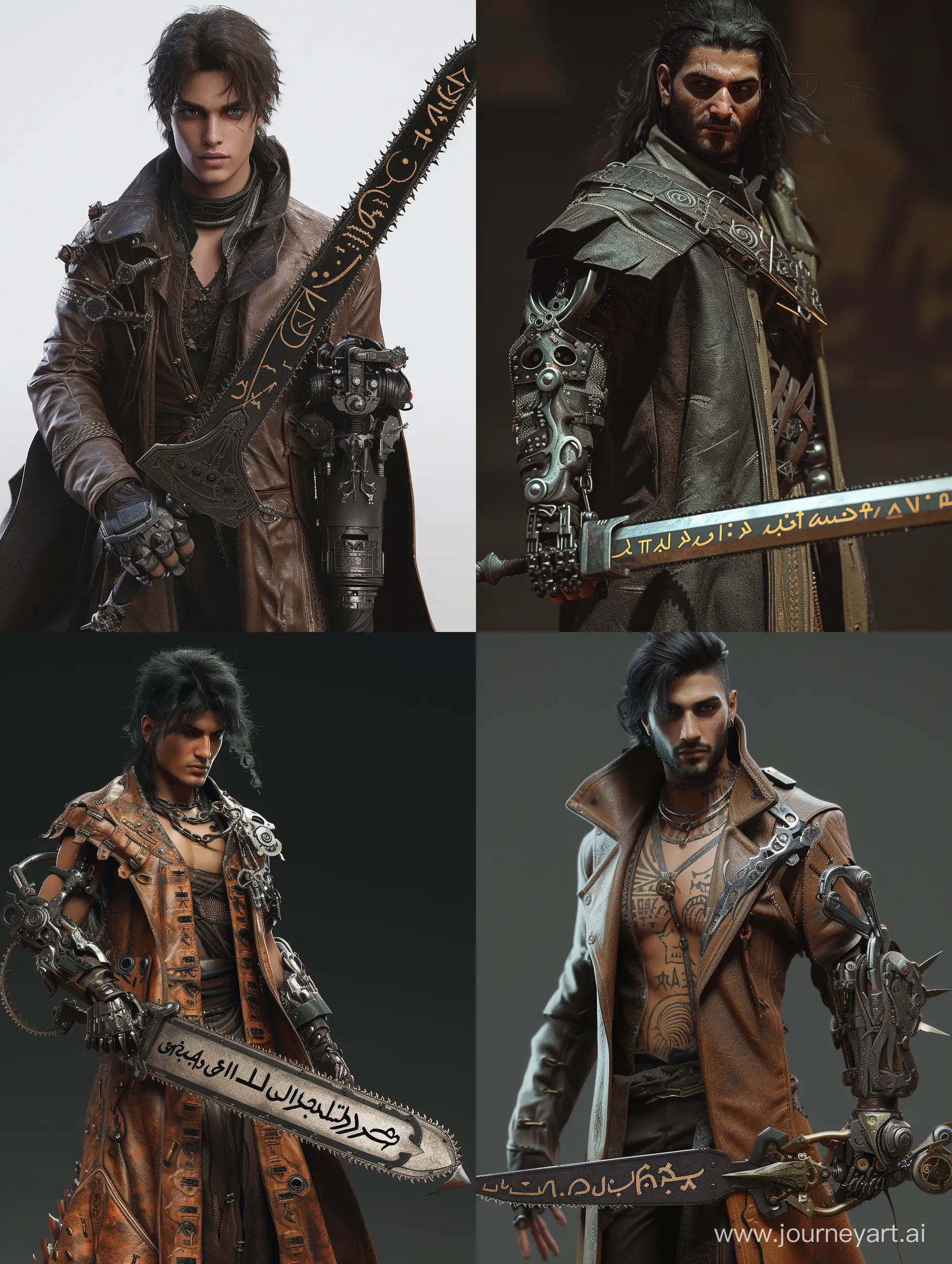 persian man[18 years old,handsome,beautiful,Long leather coat]with sword [chainsaw blades,cuneiform letters curving on it]and mechanical armglove[powerful,intricate],incredible detail,Steampunk,8k,Unreal engine 5.