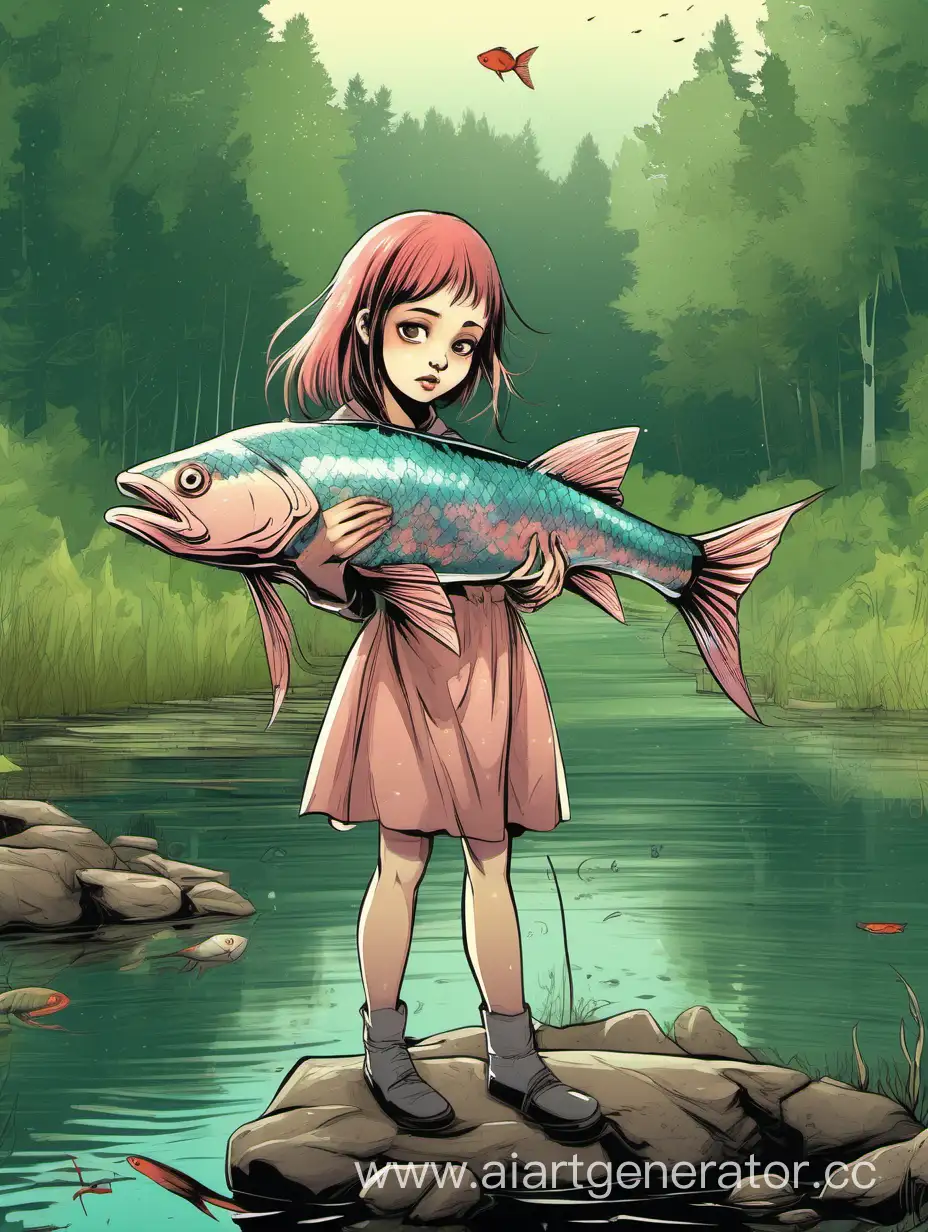 девушка с рыбой в ругах на фоне леса реки города