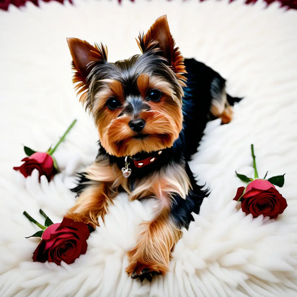 Male Yorkie Poses Sensually on Fluffy Carpet with Roses