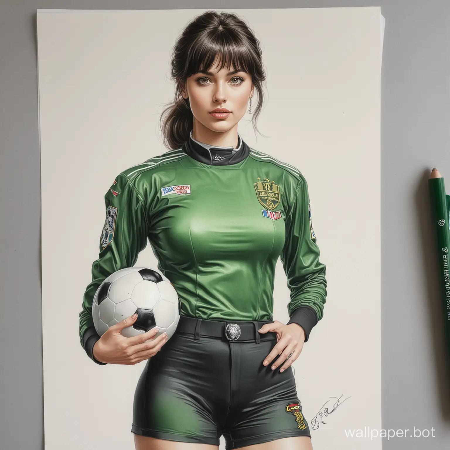 sketch young Olga Von Beisburg 26 years old dark hair with bangs 6 breast size narrow waist in green-black football uniform holding a big cup of champions white background high realism drawing with colored marker