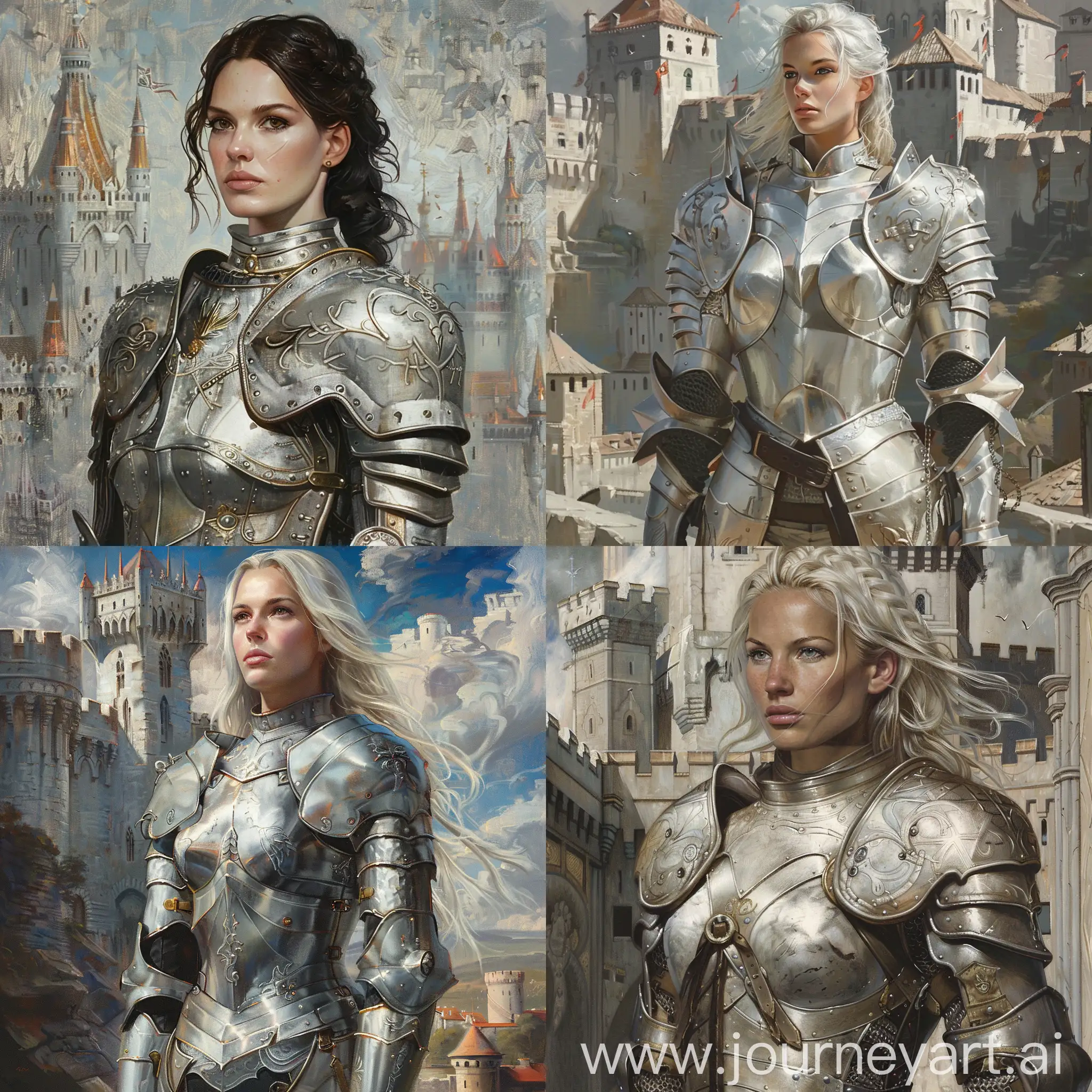 Fantasy-Woman-in-Sleek-Silver-Armor-with-Castle-Background