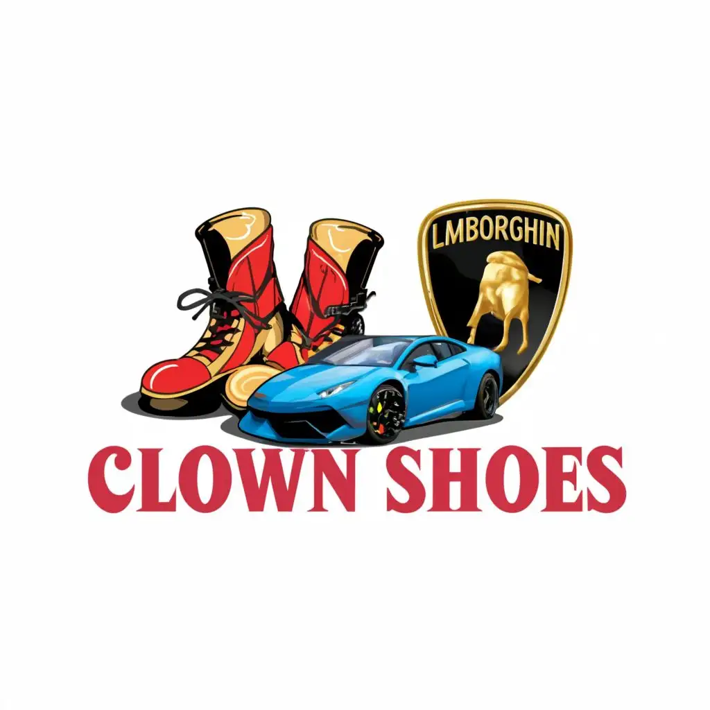 logo, Clown shoes next to Lamborghini, with the text "Clown Shoes", typography