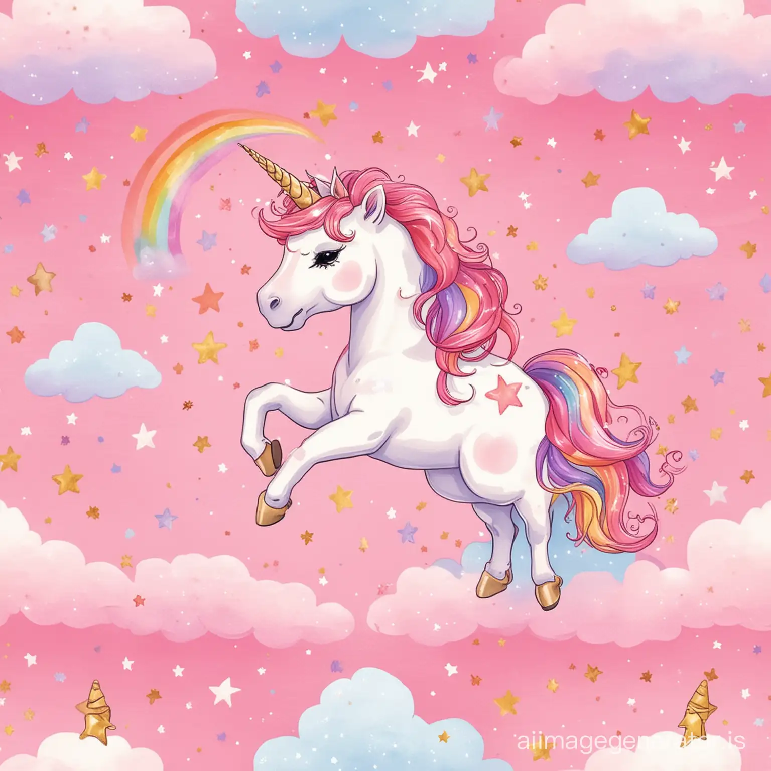 unicorn and rainbow, pink clouds and stars