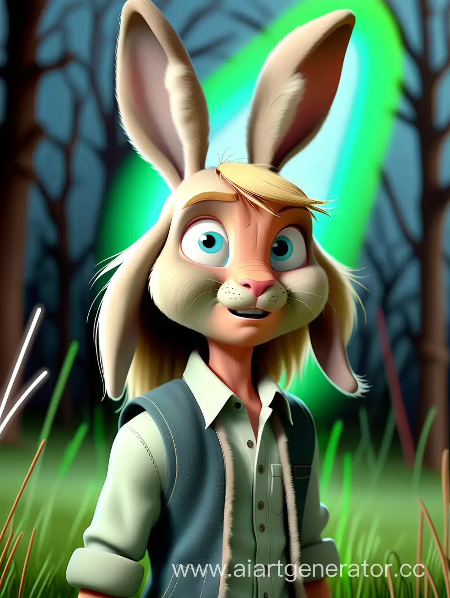 Hare, white shirt, grass green sweatvest, brown jeans, blonde hair, blue eyes, gray fur, hare ears, hare muzzle, hare tail, child, wardrobe on the background, Dreamworks animation, subrealistic, fog, 3D render, bokeh, Sovietwave, glow stick lightning