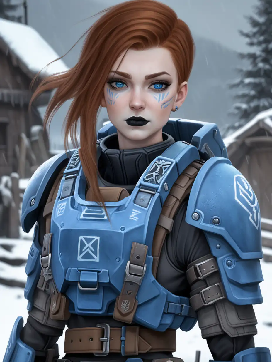 Setting is Halo. Young Norwegian Halo Marine woman. She has auburn hair. She has an extremely short hairstyle similar to Maya's hairstyle from Borderlands 2. She has black eyeshadow and black lipstick. She has pale skin. She is wearing UNSC marine armor from Halo. Her armor is nordic blue colored. Her chest plate carrier has a lot of pouches and grenades. Her belt and pouches are drab brown colored. Her uniform fatigues are matte black colored. Her armor has Viking inspired runes and engravings. She has Nordic blue colored eyes. Background scene is Nordic village in a torrential snowstorm.