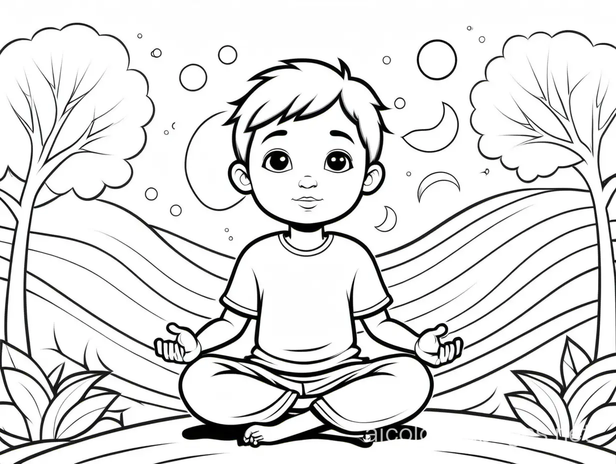 Cute Illustration of  year old boy, Coloring Page, meditating and BREATHING , black and white, line art, white background, Simplicity, Ample White Space. The background of the coloring page is plain white to make it easy for young children to color within the lines. The outlines of all the subjects are easy to distinguish, making it simple for kids to color without too much difficulty, Coloring Page, black and white, line art, white background, Simplicity, Ample White Space. The background of the coloring page is plain white to make it easy for young children to color within the lines. The outlines of all the subjects are easy to distinguish, making it simple for kids to color without too much difficulty