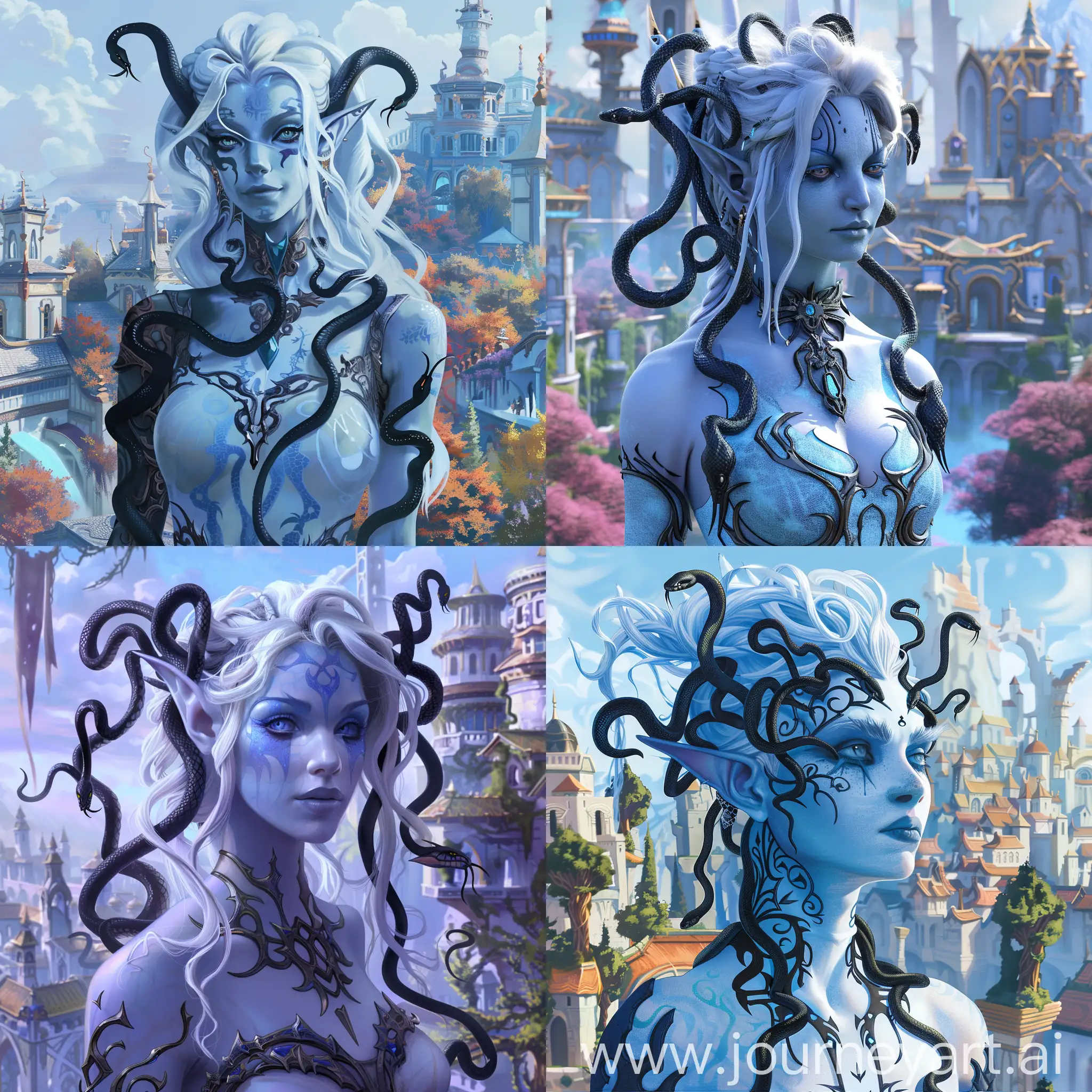 Full body portrait of Lady vashj as elven lady, with black snakes intead of hair. Her skin is white and Light majorelle blue, the Background is Suramar city of world of warcrat, wlop style, 4k