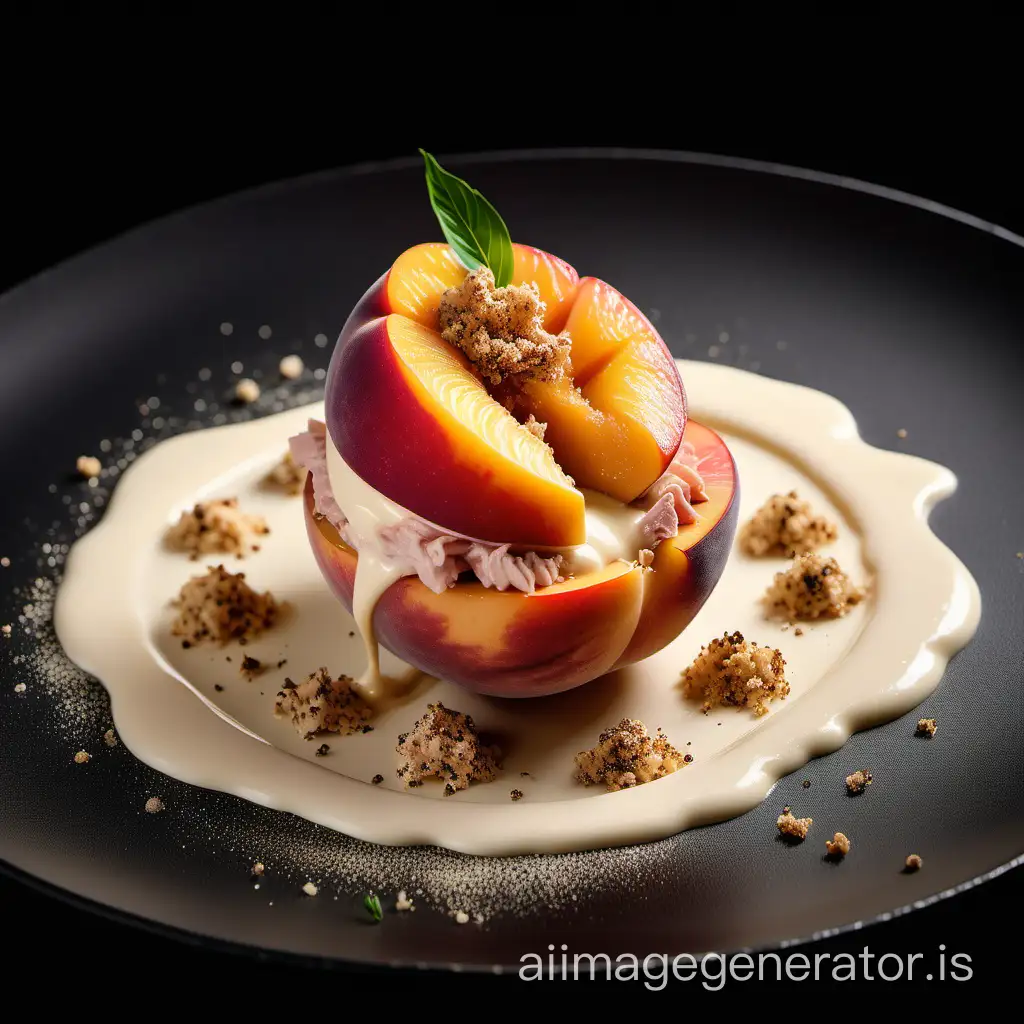 Exquisite-HalfPeeled-Peach-with-Tuna-Crumbs-and-Mayonnaise-Luxurious-Michelin-Kitchen-Photography