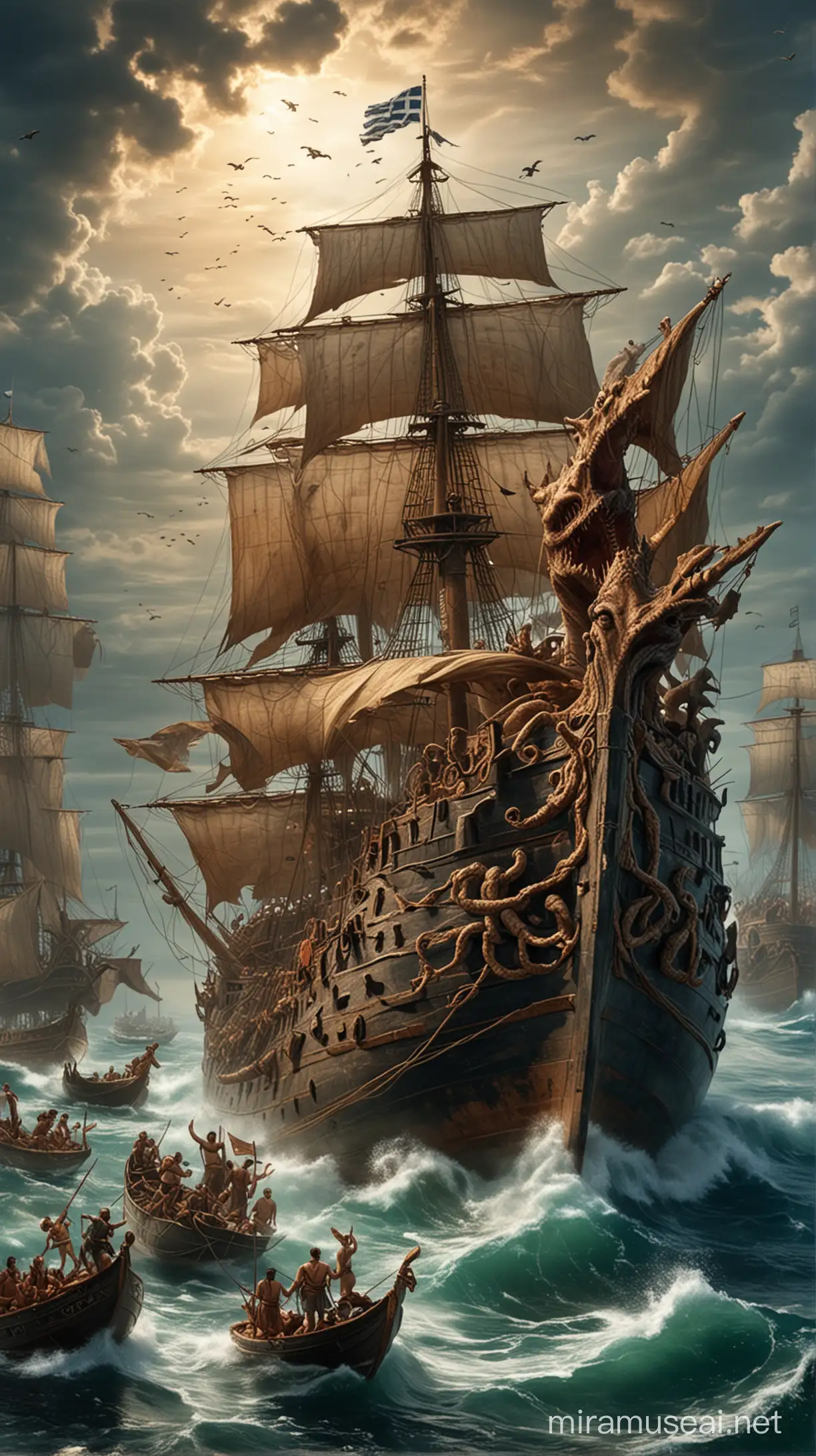 Greek Ship Surrounded by Mythical Monsters