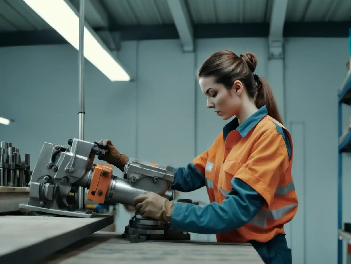female worker working with hydraulic parts in a bright room, crop out the head, zoom out so we can see more of the room, also add some shelfs to the work shop