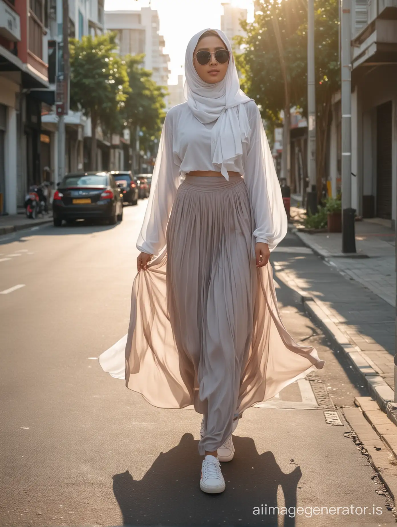 The Malaysian Girl is draped in flowing, long skirt, sneakers, plain patterned long hijab, low angle, innocent face, sun glasses, on the street, walking pose, cinematic lighting,
