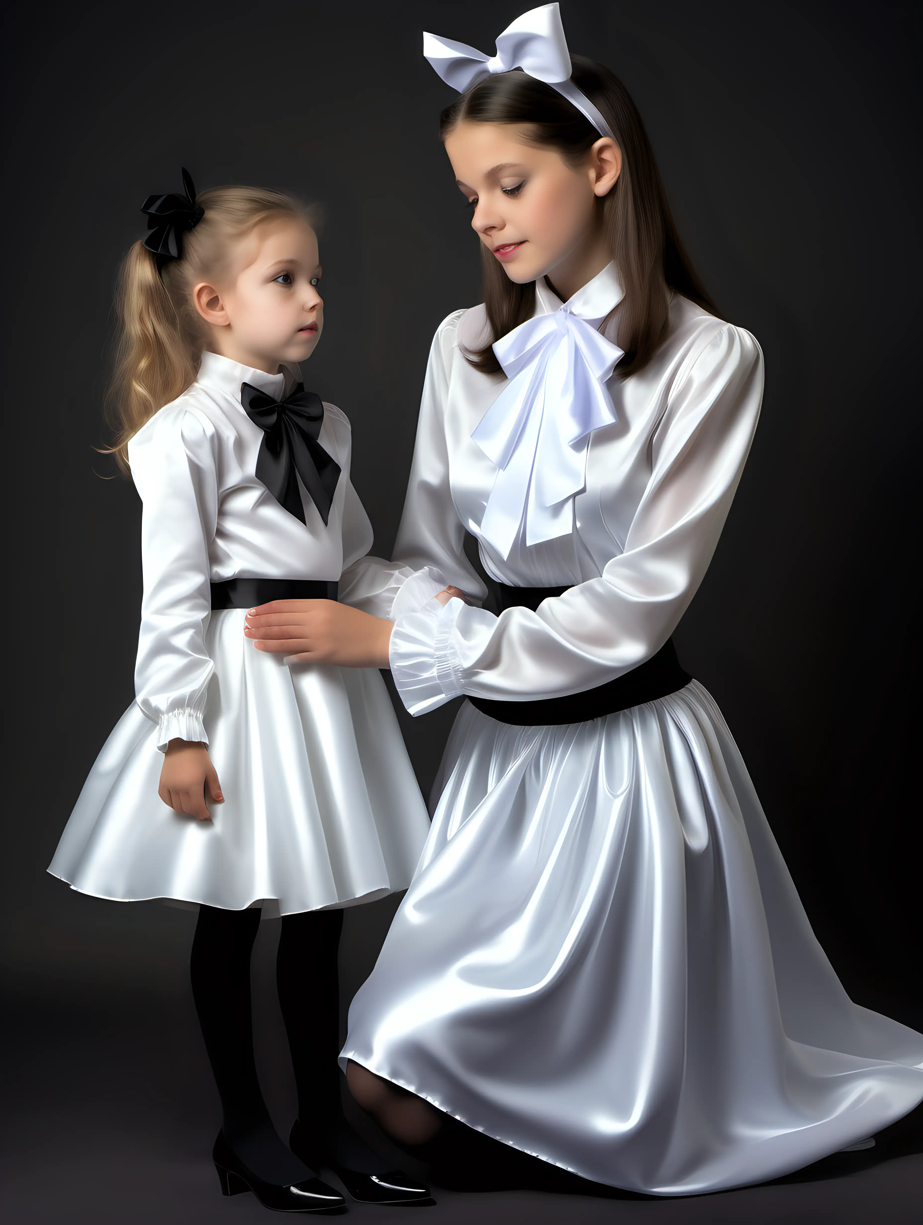 portrait of Little Girl 8 years old wearing a white satin long-sleeve blouse with big ribbon-bow collar and softly gathered white satin skirt kneels on both knees before her fairy godmother wearing a short black satin dress with high collar-bow around neck and long sleeves full body profile, with mother in faery costume with black pantyhose, high heels