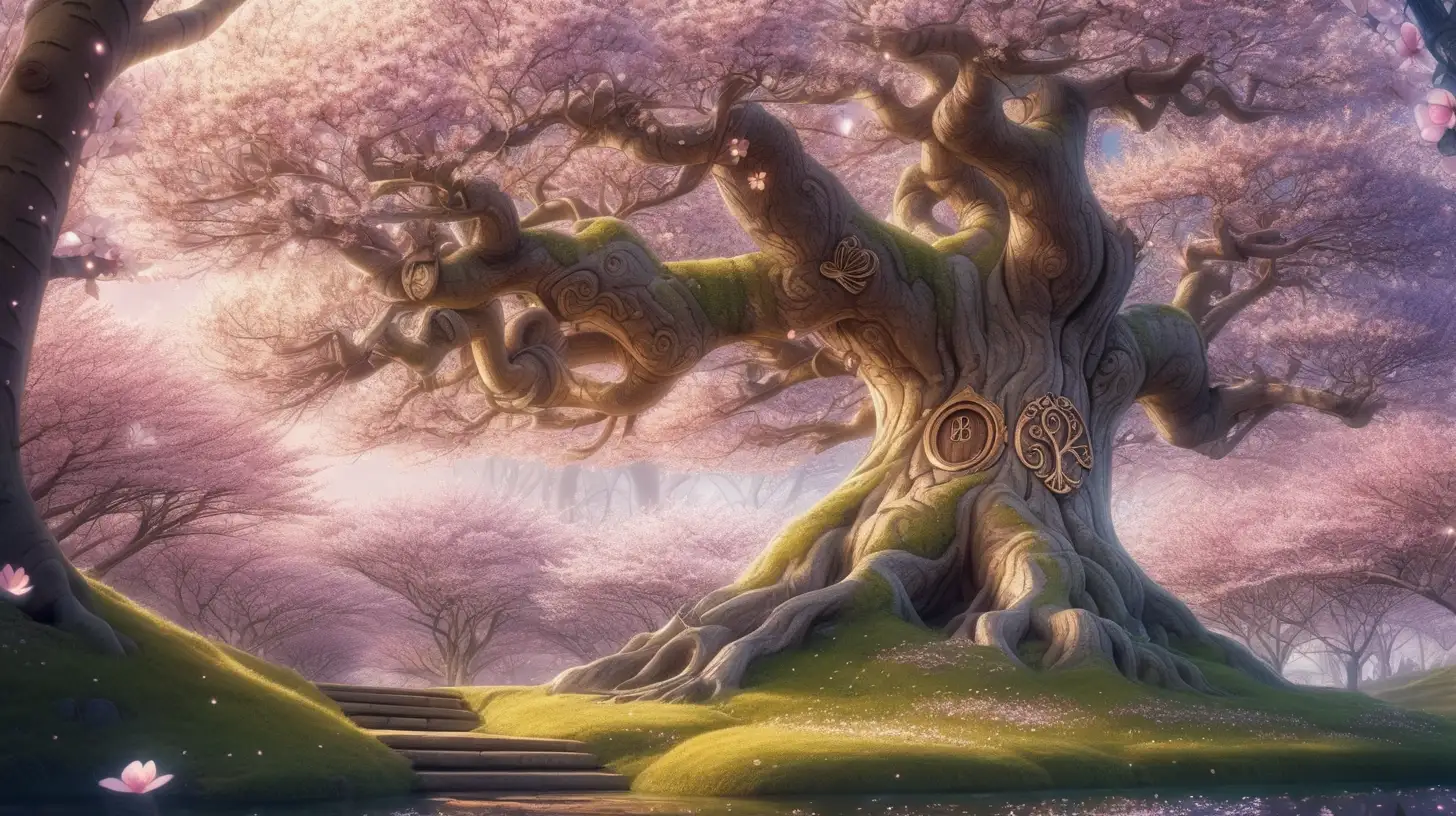 in anime style, a beautiful, magical enchanted forest with one very special,  beautiful, magical  tree  covered with blossoms. The bark of the tree has magical enchanted  symbols carved on it 