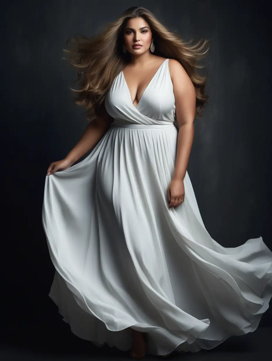 Elegant Plus Size Model in White Flared Dress Studio Vogue Photoshoot