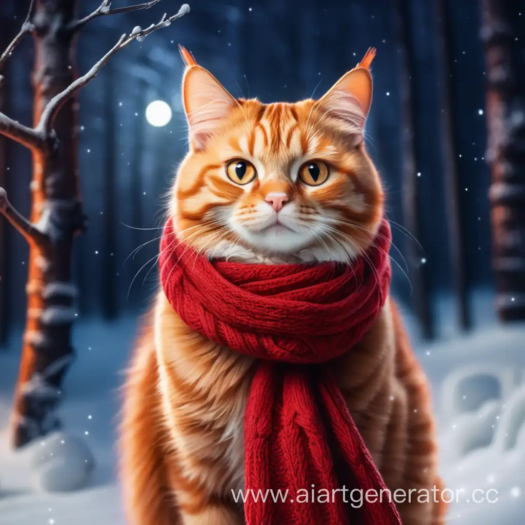 Рыжий кот в красном шарфе на фоне ночного зимнего леса