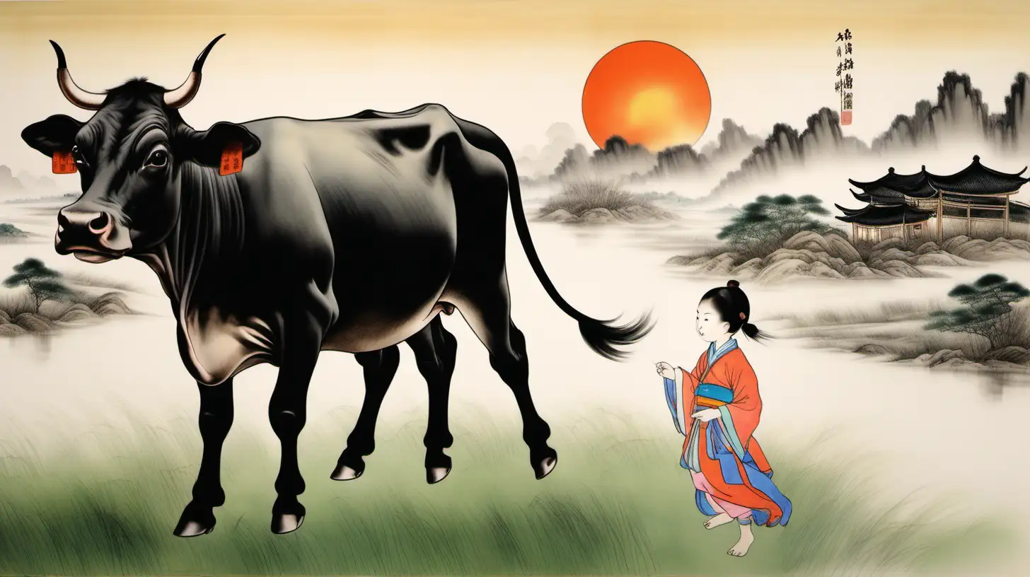 Girl Riding Black Cow in Vast Grasslands Under Chinese Painting Sky