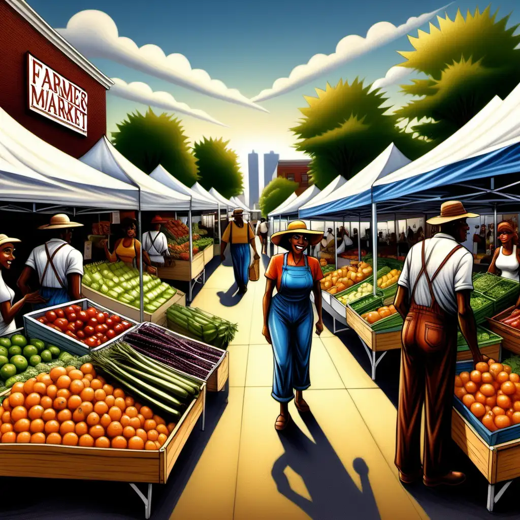 Vibrant Cartoon Farmers Market Scene with Ernie Barnes Style