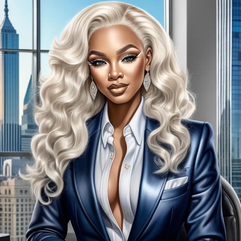 create an airbrush illustration of an thick light skin african american woman beauty with luxurious glitter makeup, she has a beautiful platinum blonde hair colored long wavy hairstyle, she is flawlessly dressed in a tailored classy suit, she looks like a rich CEO, seductive smirk on her face, bougie diva vibes, high-rise office with lavish decor & panoramic windows
