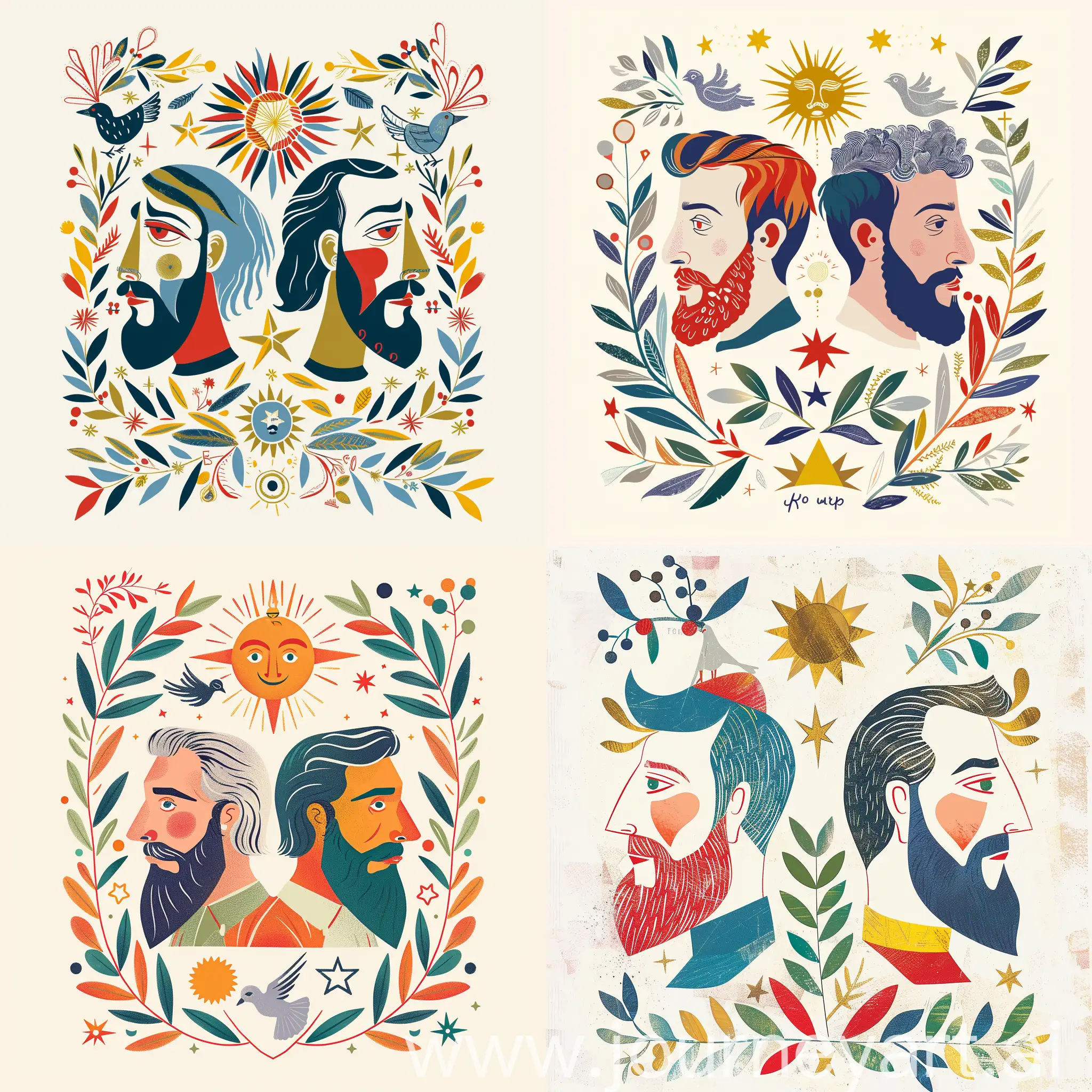 Faire part de mariage , 
blanc et coloré , inspiration Picasso 
2 visages d'hommes différents barbu  , des branches d 'olivier , une colombe , une étoile , un soleil 