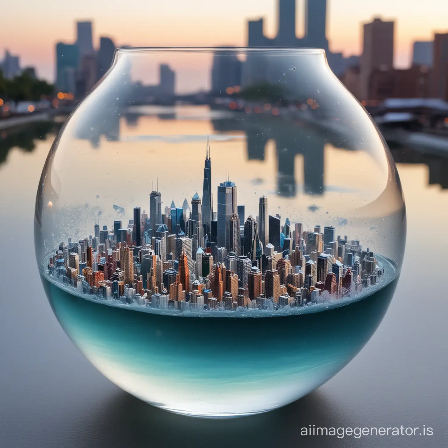 One withCrystal powder with a city in the bottom of the glass and water on top