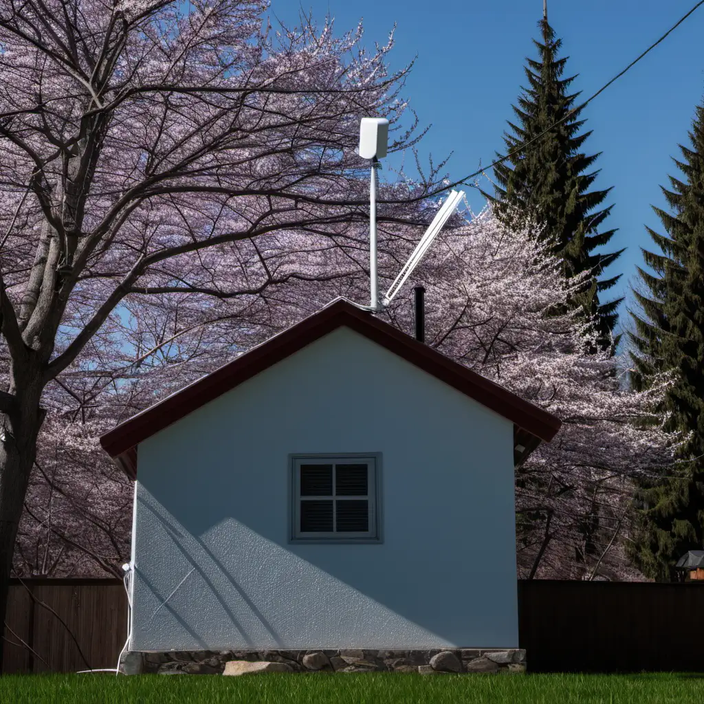 Enhancing Connectivity WiFi Antenna and Small House in the Vibrant Spring