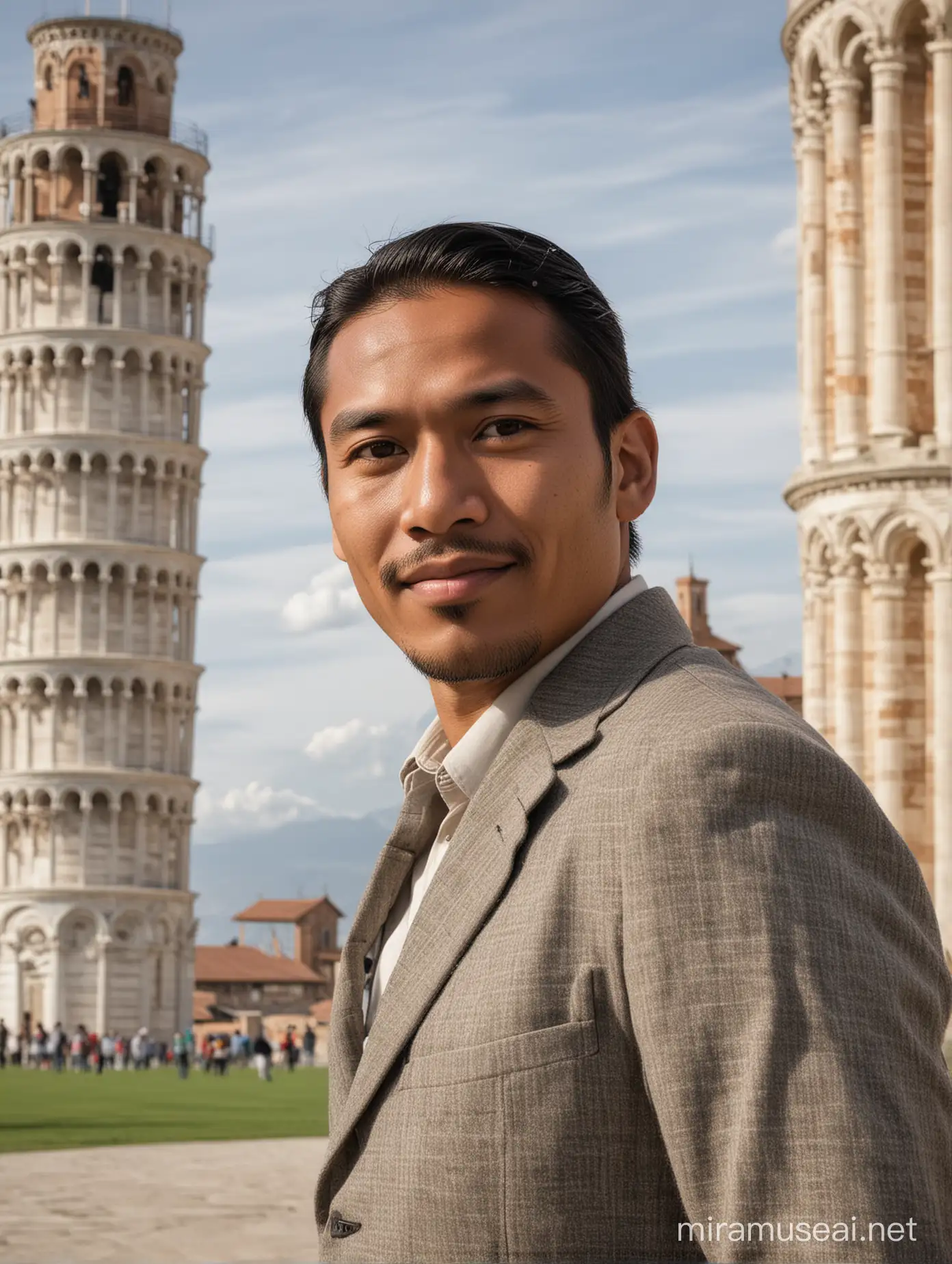 Indonesian Man Poses with Leaning Tower of Pisa in Background
