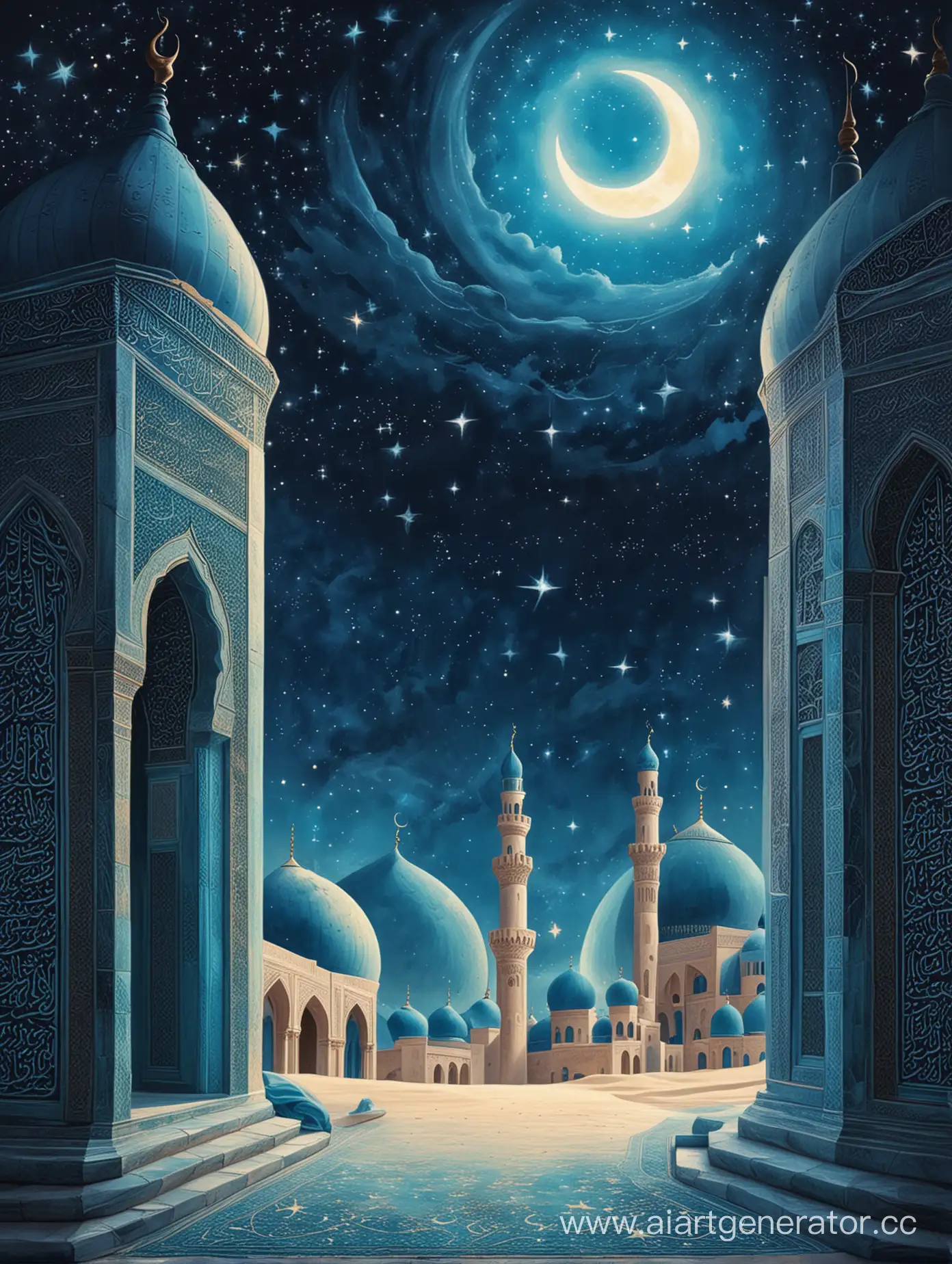 Ramadan scene with a crescent moon, minaret, mihrab, and stars, all depicted in shades of blue
