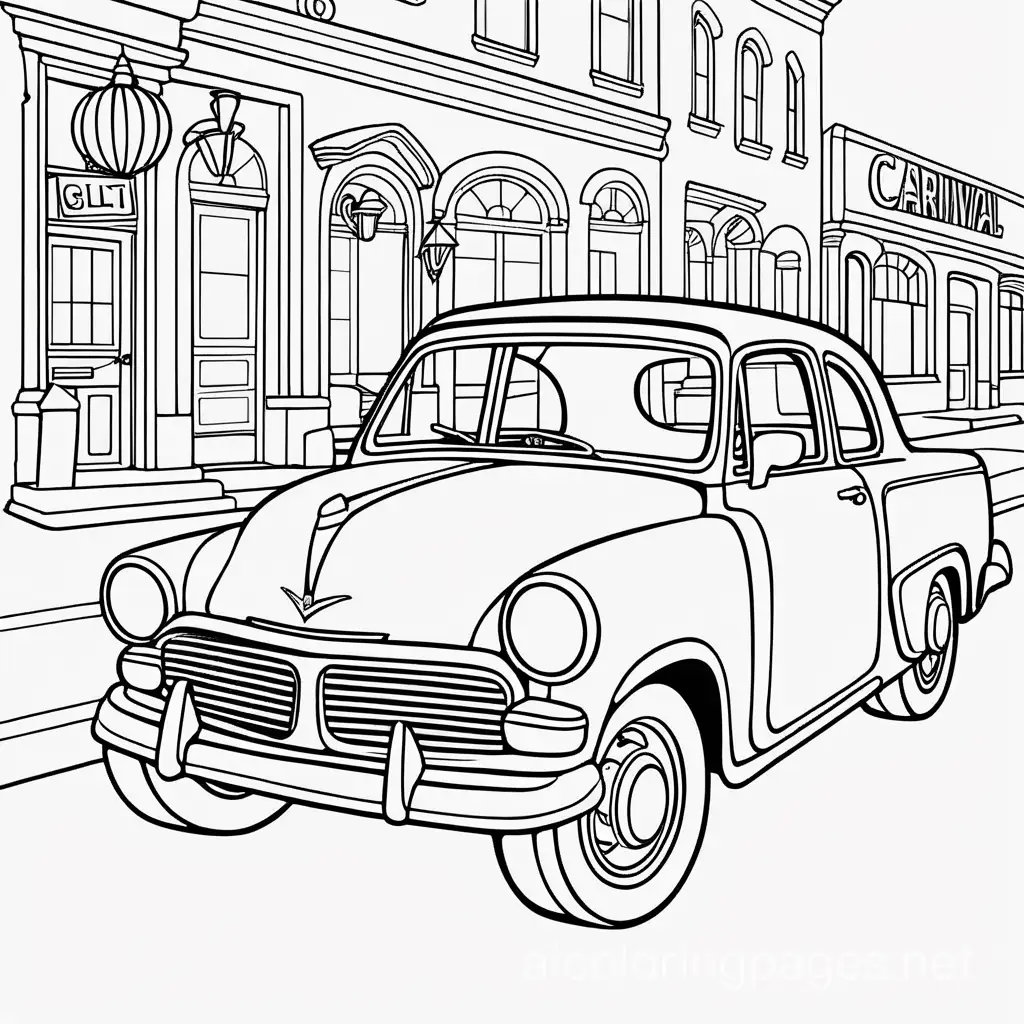 old classic car on the road by carnival , Coloring Page, black and white, line art, white background, Simplicity, Ample White Space. The background of the coloring page is plain white to make it easy for young children to color within the lines. The outlines of all the subjects are easy to distinguish, making it simple for kids to color without too much difficulty, Coloring Page, black and white, line art, white background, Simplicity, Ample White Space. The background of the coloring page is plain white to make it easy for young children to color within the lines. The outlines of all the subjects are easy to distinguish, making it simple for kids to color without too much difficulty
