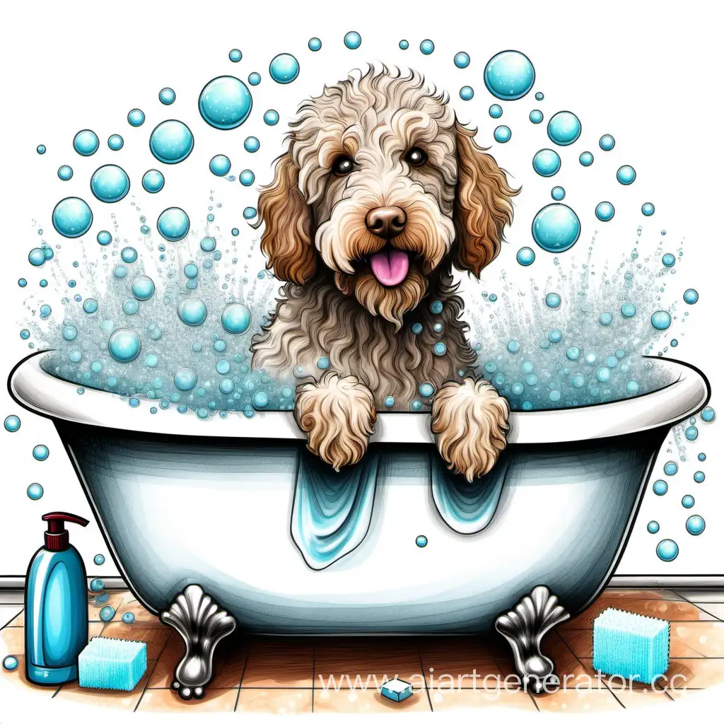 funny labradoodle dog wrapped in a towel, a bathtub full of bubbles, soap on the floor, shampoo, illustration with colored pencil and inks