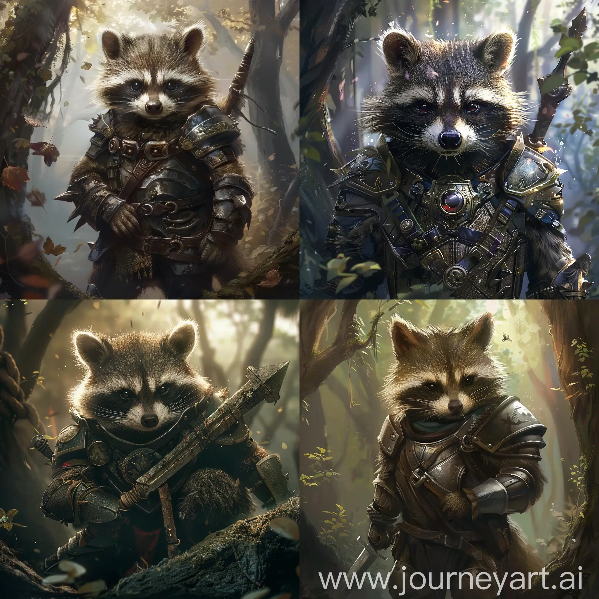cute racoon fantasy warrior with armor in the forest
