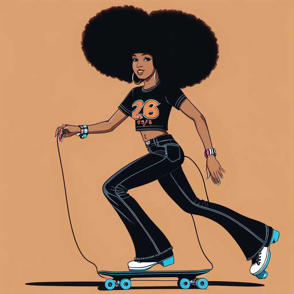 create  image of  a beautiful young 25 year old black woman year 1975 wearing a big black colored afro. She is wearing crop t shirt and bell bootom pants. Listening to music and roller skating