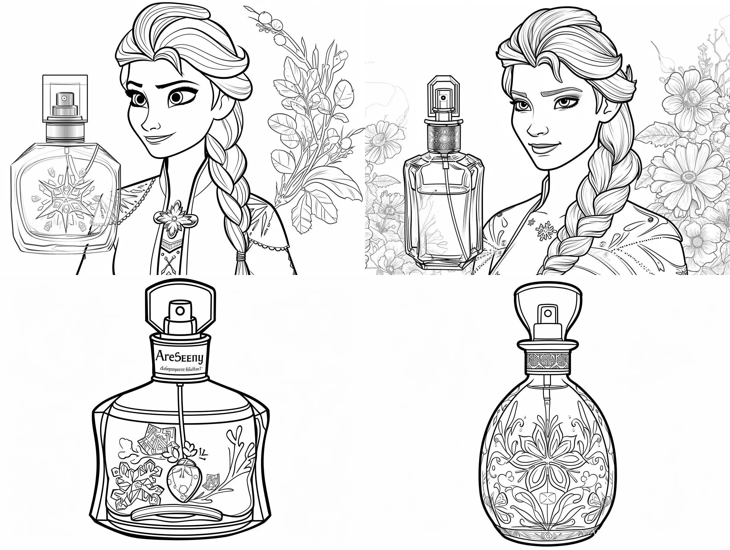 coloring page for kids, detailed, simply cartoon style, isolated, soviet cartoon, frozen II, Arendelle perfume