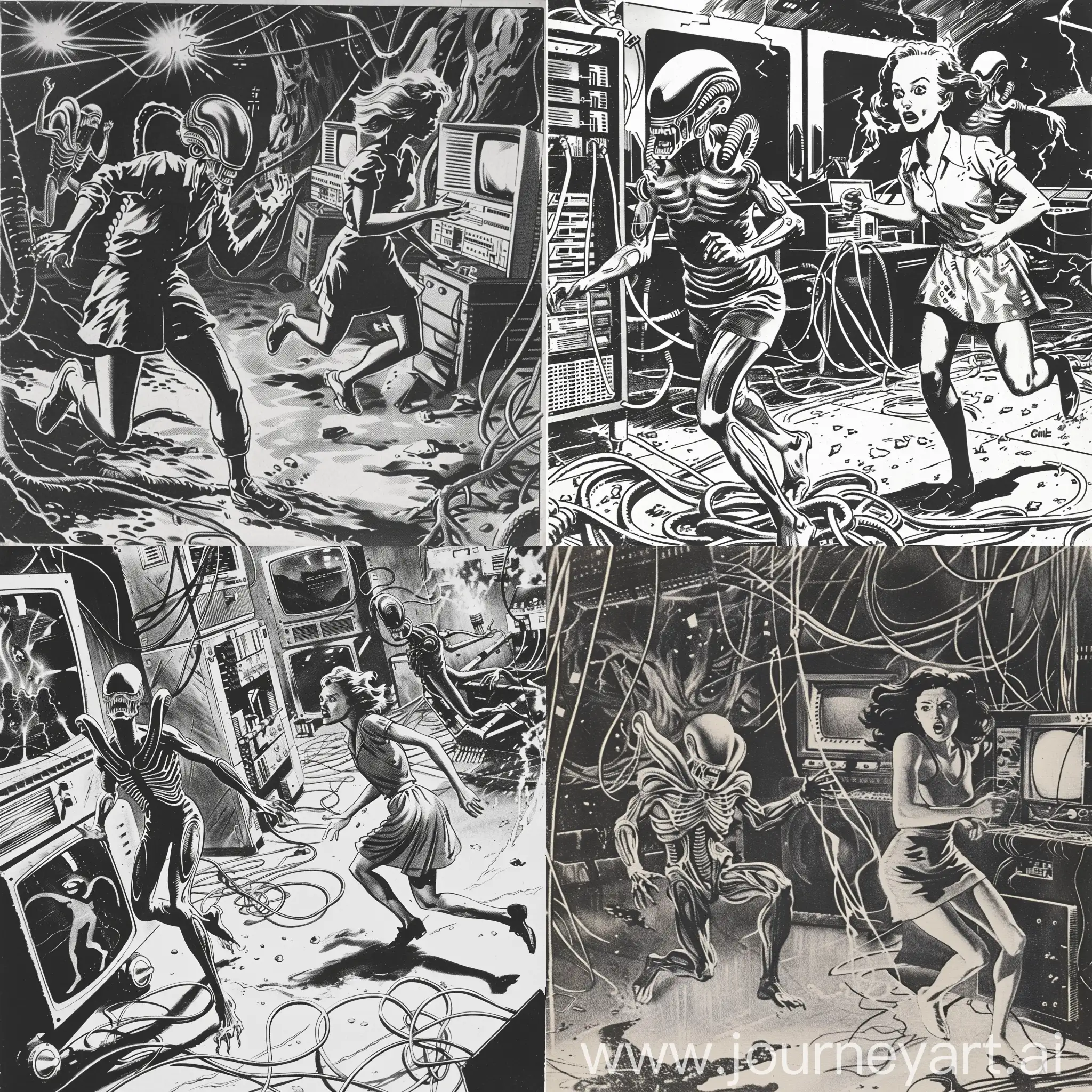 a comic book scene from 1950 with one alien and one woman running from them, black and white. a lot of wires and computers around