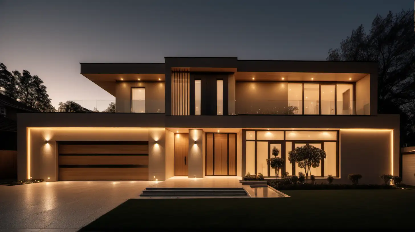 Grand minimalist home exterior at dusk with mood lighting; beige; oak; brass colour palette; 

