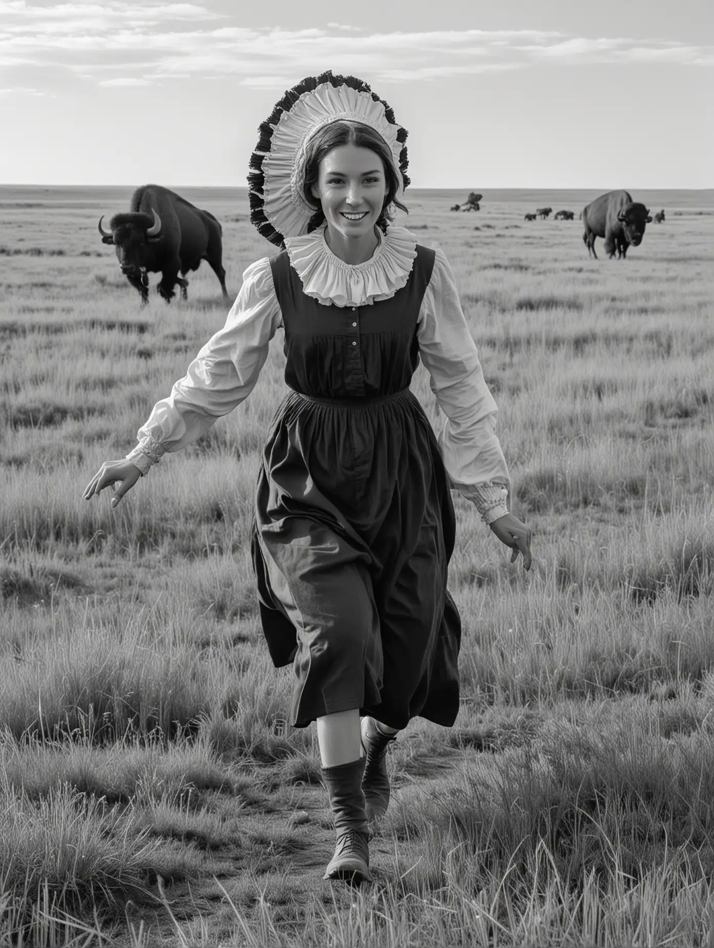 A woman runs through the prairie. She is a pioneer and wears a bonnet. There are buffalo in the background. She is seen from the side.  In black and white. 