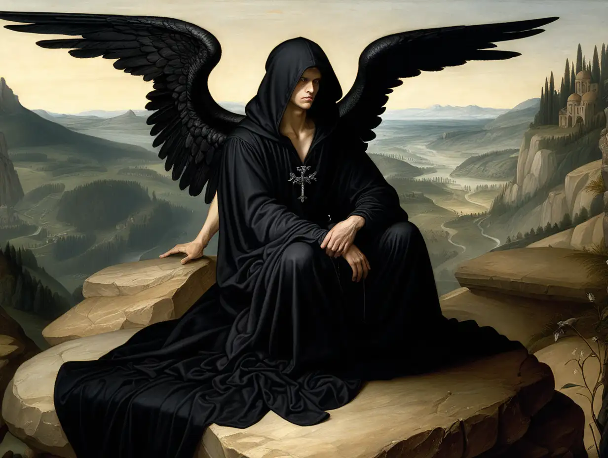Fallen angel, wearing all black robe, hood, sitting on rock, valley surrounding, Renaissance