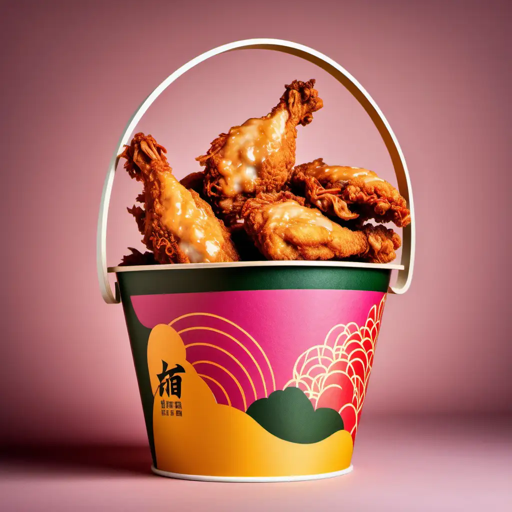 high definition food photography of fine dining boneless fried chicken in a japanese-inspired, colorful paper bucket. present it in a way that looks luxurious, fun, and expensive