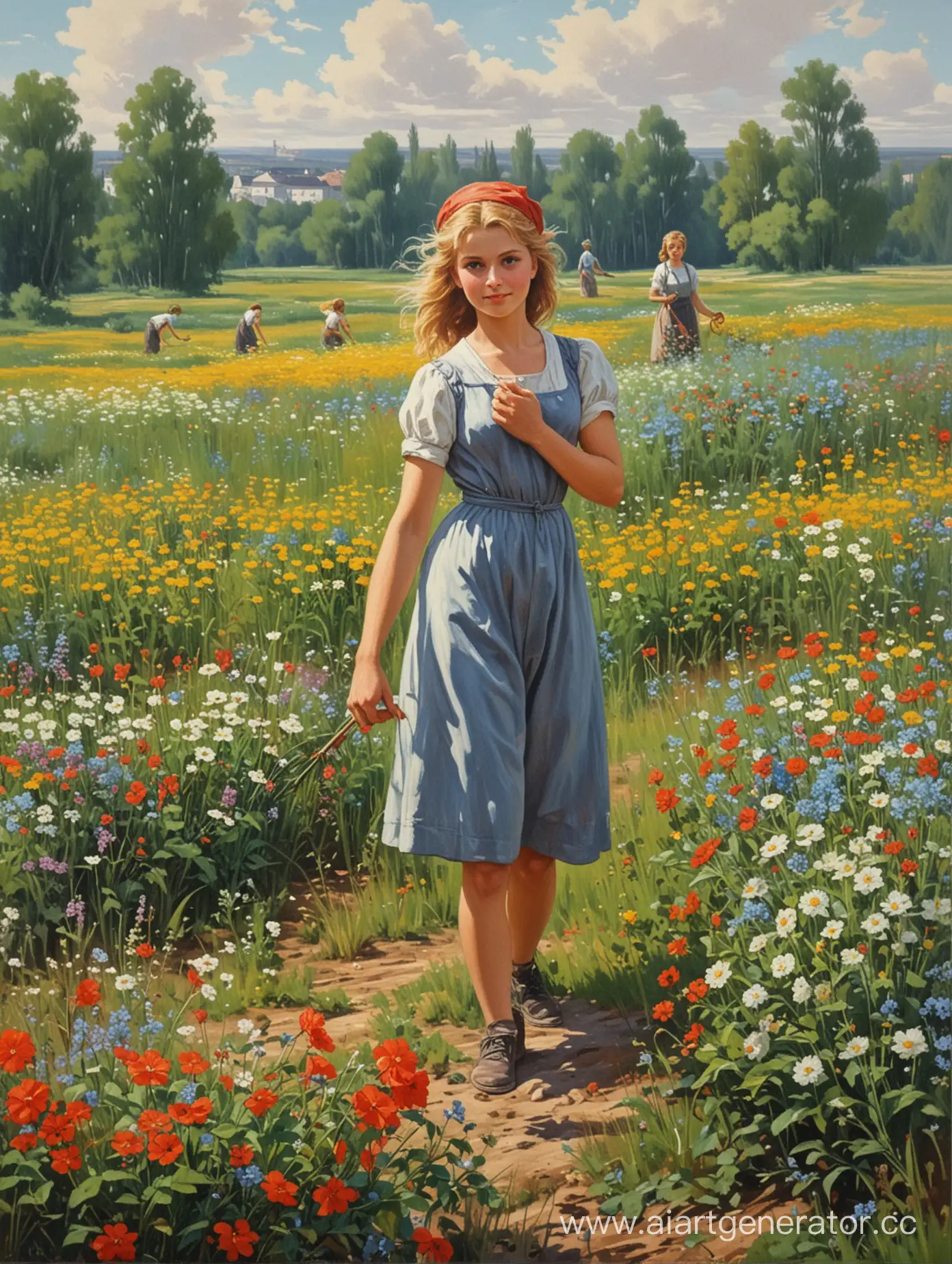 Живопись, СССР, поле с цветами , девушки собирают цветы, на заднем плане кусты