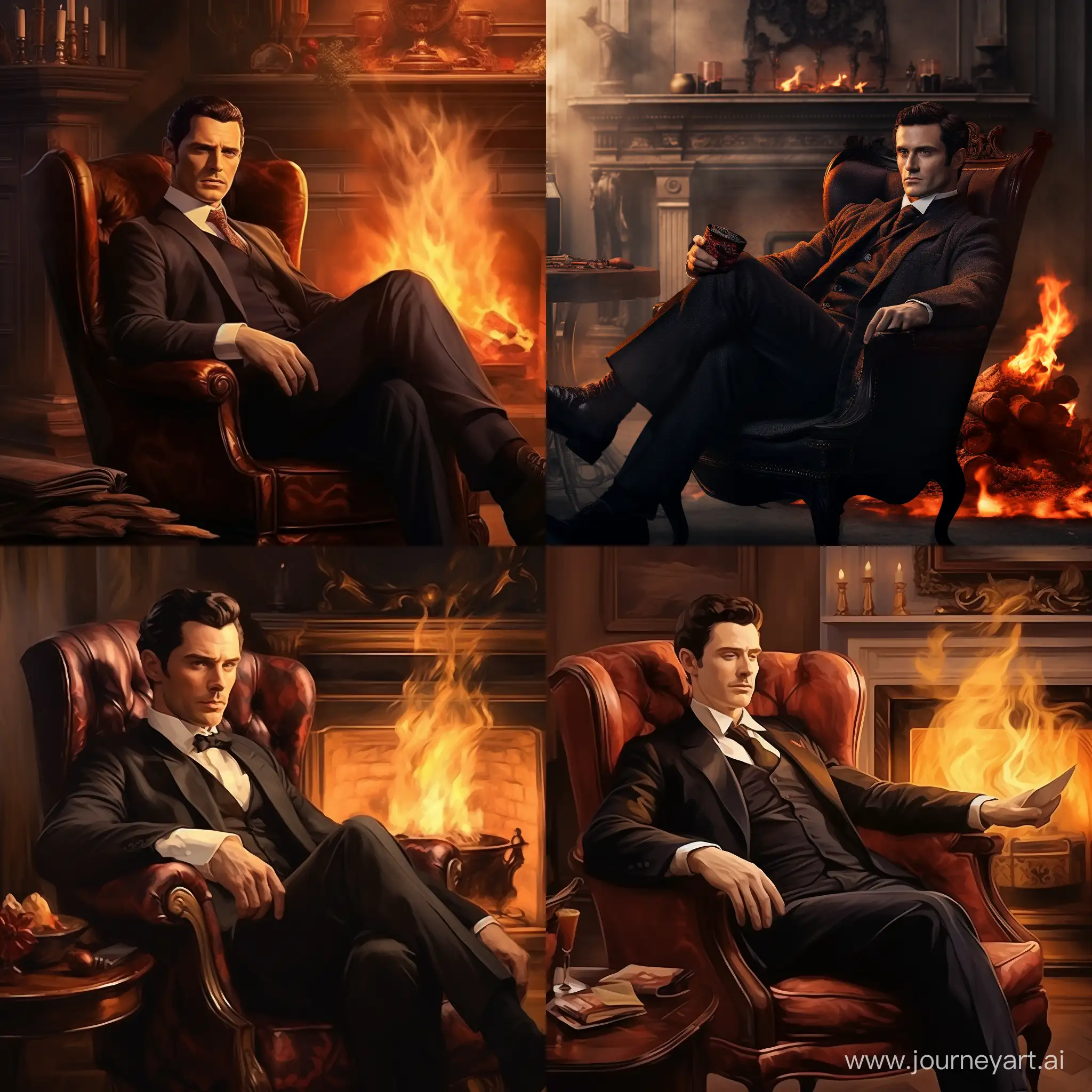 Sherlock Holmes is sitting on an armchair and looking thoughtfully at the fireplace. In a mysterious style