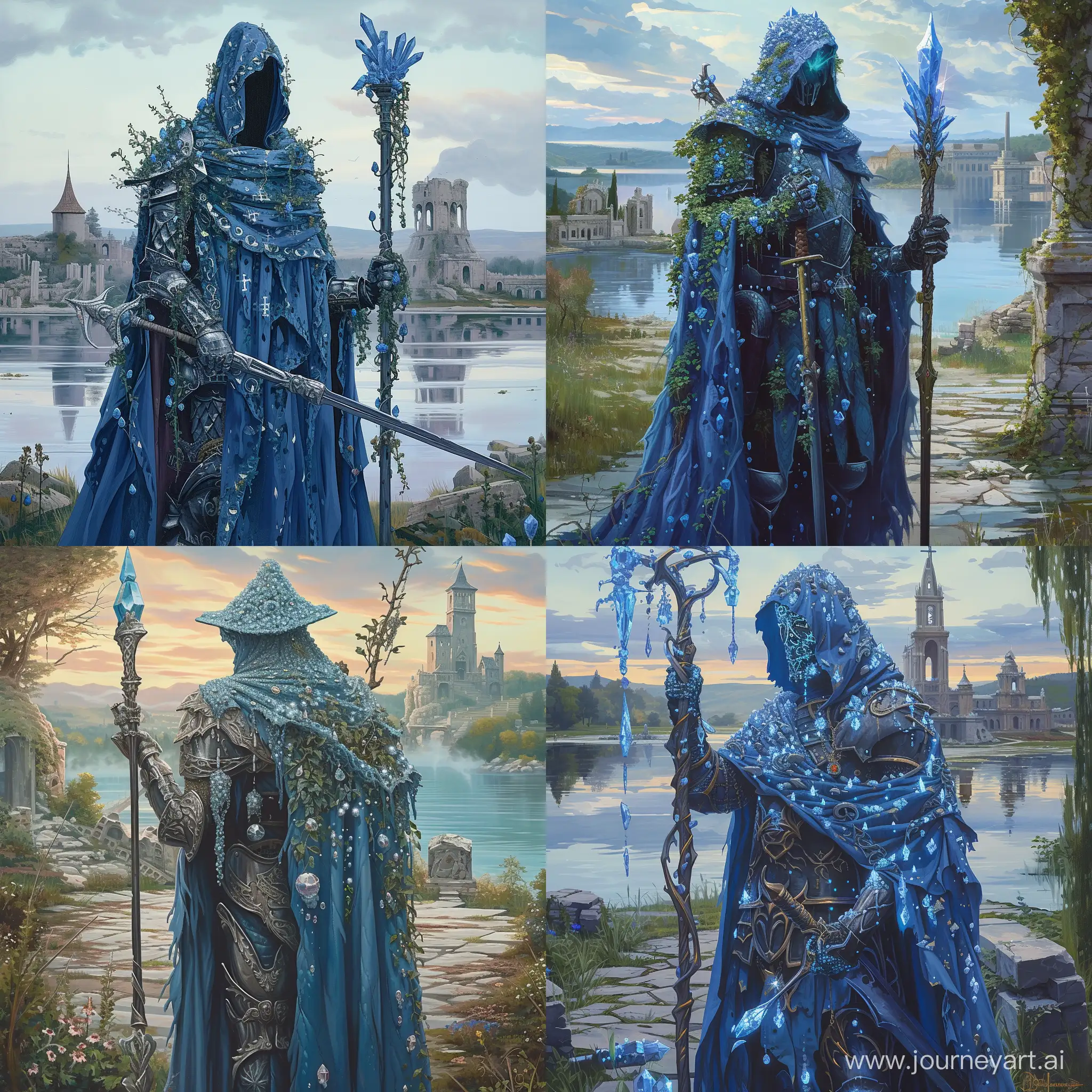 illustration, art, realism, a knight magician with a staff and a sword in different hands, a knight magician in full height, the picture is made in a traditional style, calm colors, the cloak of the knight magician is made in blue oil colors, calm style, the academy is depicted on the background surrounded by a lake, there are ruins near the knight, on the sword there are magic crystals, the knight himself is slightly overgrown with magic crystals, instead of a hood, the knight may have a knight's helmet with inlaid magic crystals
