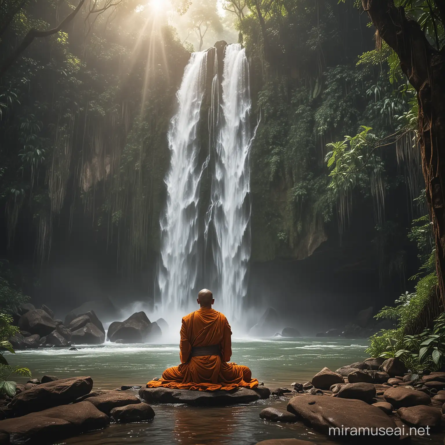 Meditating Monk in Jungle with Waterfall and Spiritual Aura