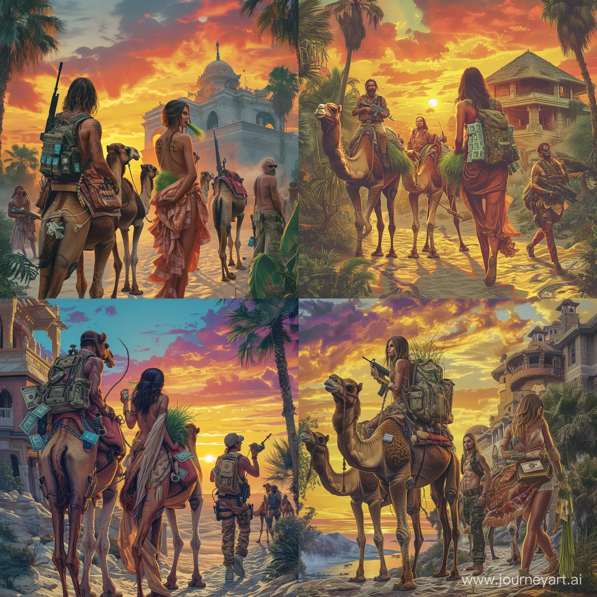A surreal desert sunset with camels carrying people dressed in luxurious attire, standing near an extravagant house. The individuals have backpacks overflowing with money, and a man is equipped with a side belt handgun and a machine gun with magazines on his shoulder strap. A seductive woman wearing flowing garments holds a bunch of money in one hand and multiple bank cards in the other, while smoking a "grass cigarette." The image should be in a square orientation, with vibrant colors, intricate details, and a dreamlike atmosphere. --s 150 --ar 1:1 --c 7