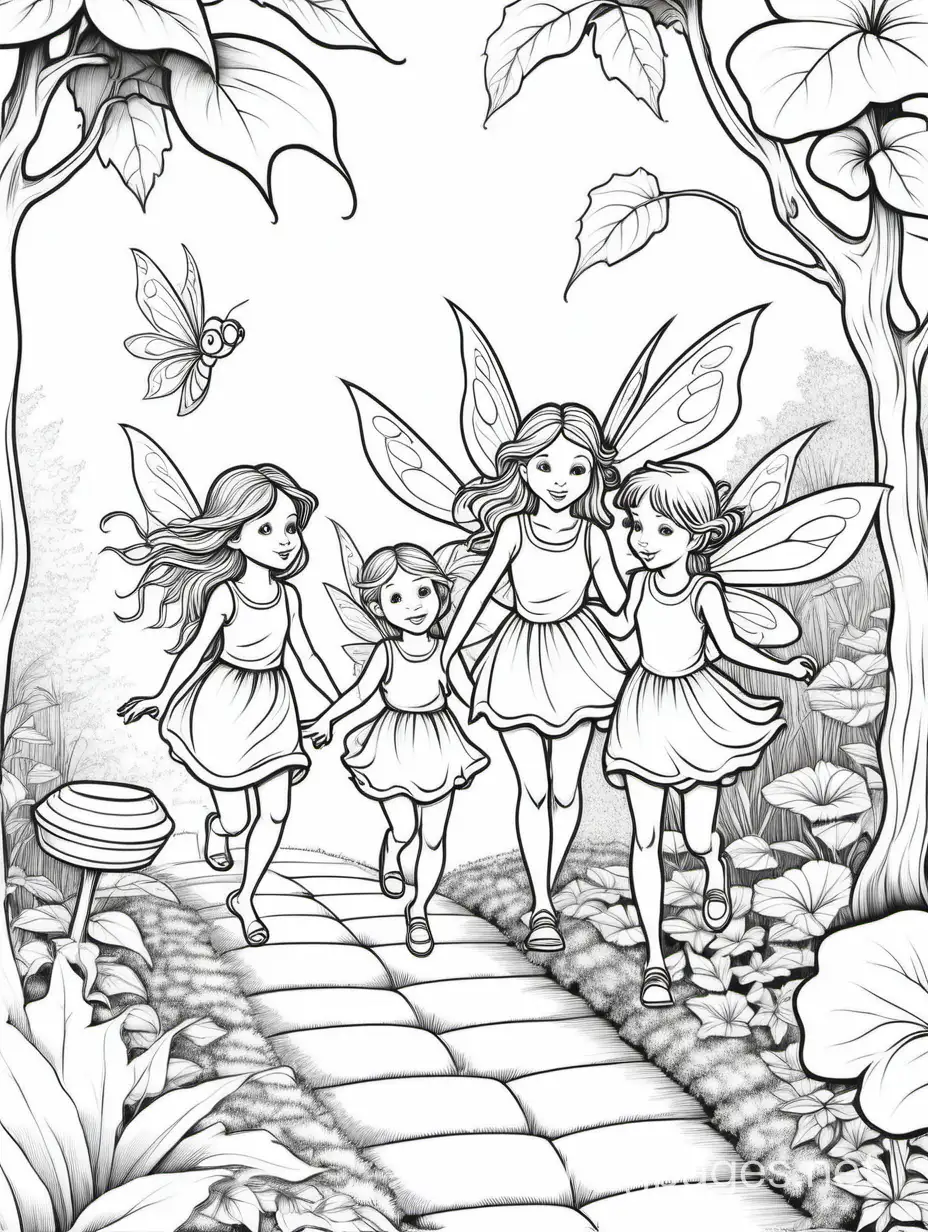 Fairies returning home to their garden, Coloring Page, black and white, line art, white background, Simplicity, Ample White Space. The background of the coloring page is plain white to make it easy for young children to color within the lines. The outlines of all the subjects are easy to distinguish, making it simple for kids to color without too much difficulty