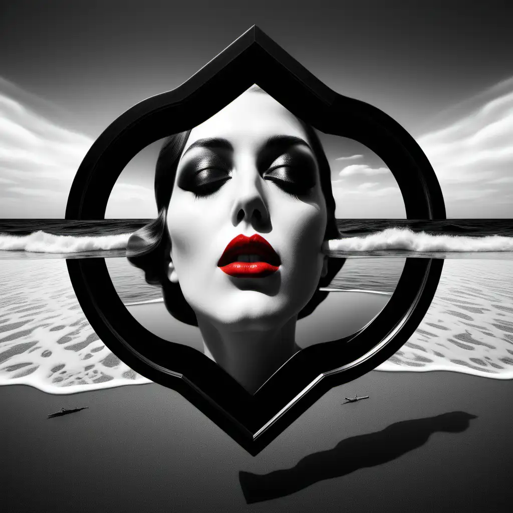 Black and white and primary colors, 3d surreal seascape, realistic kiss women portrait, immersive inspired art deco, upside down mirror, rene magritte inspiration.